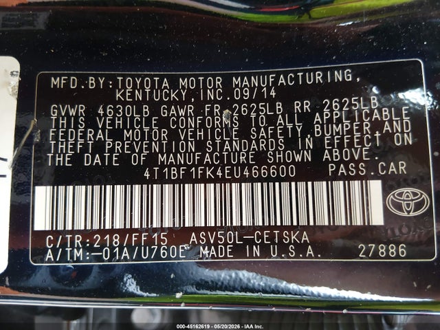 2014 Toyota Camry Se მანქანა იყიდება აუქციონზე, vin: 4T1BF1FK4EU466600, აუქციონის ნომერი: 45162619
