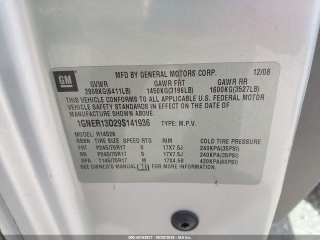 Продаж на аукціоні авто 2009 Chevrolet Traverse Ls, vin: 1GNER13D29S141936, номер лоту: 45162627