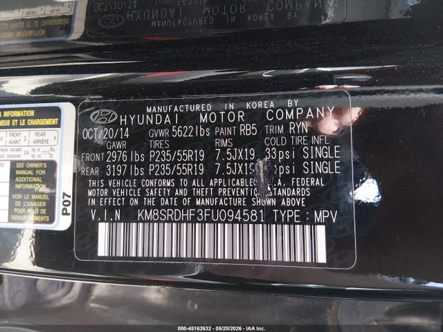 Aukcja sprzedaży 2015 Hyundai Santa Fe Limited, vin: KM8SRDHF3FU094581, numer aukcji: 45162632