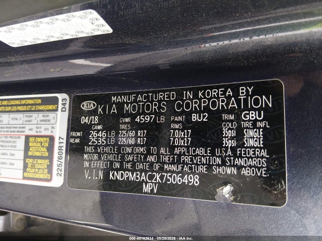 45162634 :رقم المزاد ، KNDPM3AC2K7506498 vin ، 2019 Kia Sportage Lx مزاد بيع