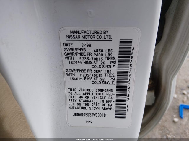 Auction sale of the 1996 Nissan Pathfinder Xe/le, vin: JN8AR05S3TW033181, lot number: 45162645