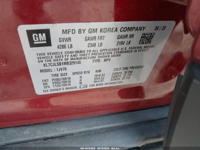 45162659 :رقم المزاد ، KL7CJLSB1MB329145 vin ، 2021 Chevrolet Trax Fwd Lt مزاد بيع