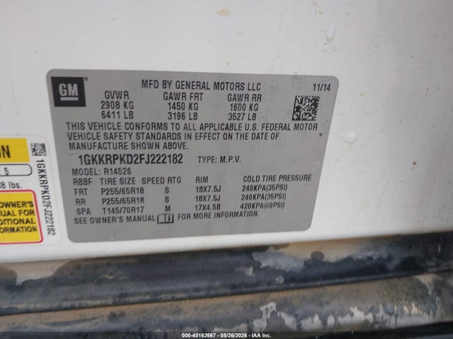 Aukcja sprzedaży 2015 Gmc Acadia Sle-2, vin: 1GKKRPKD2FJ222182, numer aukcji: 45162667