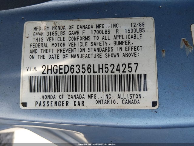 45162673 :رقم المزاد ، 2HGED6356LH524257 vin ، 1990 Honda Civic Dx مزاد بيع
