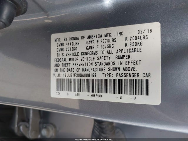 45162675 :رقم المزاد ، 19UUB1F30GA008169 vin ، 2016 Acura Tlx مزاد بيع