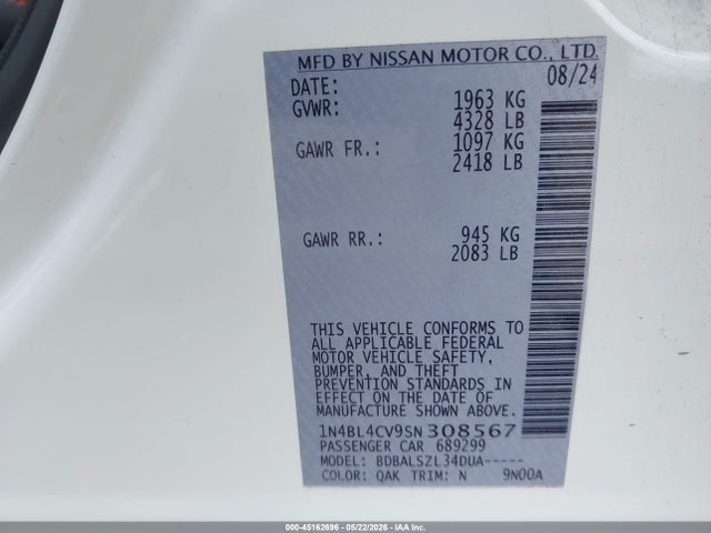 Aukcja sprzedaży 2025 Nissan Altima Sr Fwd, vin: 1N4BL4CV9SN308567, numer aukcji: 45162696