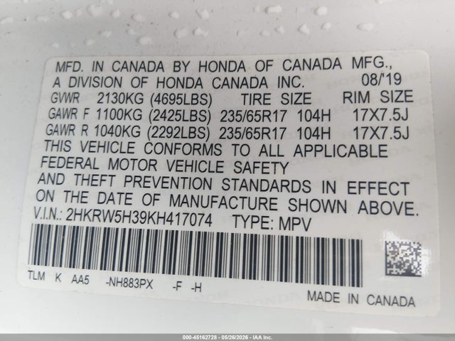 45162728 :رقم المزاد ، 2HKRW5H39KH417074 vin ، 2019 Honda Cr-v Lx مزاد بيع