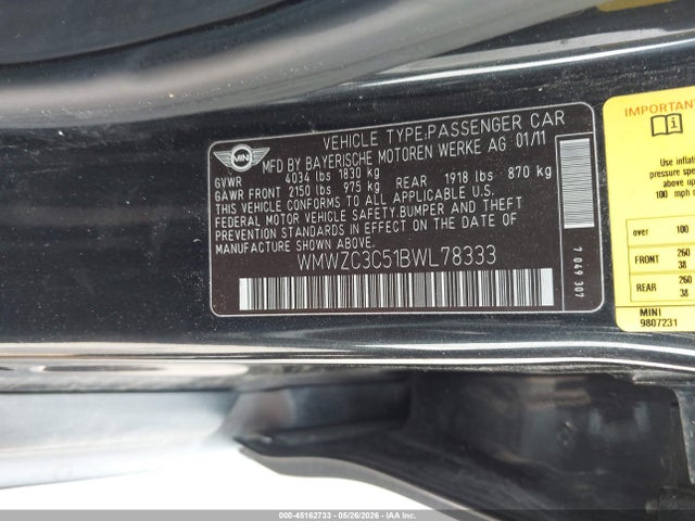 Продаж на аукціоні авто 2011 Mini Cooper S Countryman, vin: WMWZC3C51BWL78333, номер лоту: 45162733