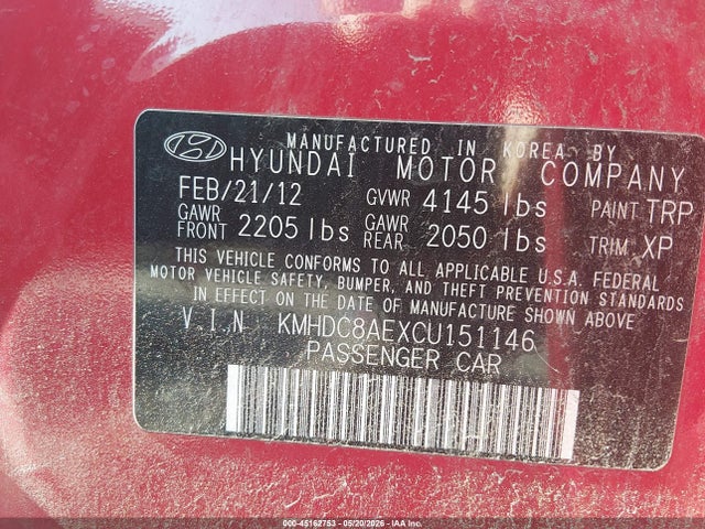 45162753 :رقم المزاد ، KMHDC8AEXCU151146 vin ، 2012 Hyundai Elantra Touring Gls مزاد بيع