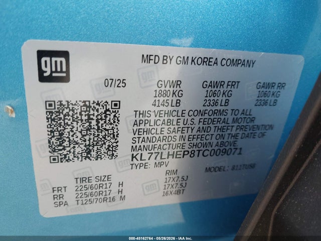 45162764 :رقم المزاد ، KL77LHEP8TC009071 vin ، 2026 Chevrolet Trax Fwd Lt مزاد بيع