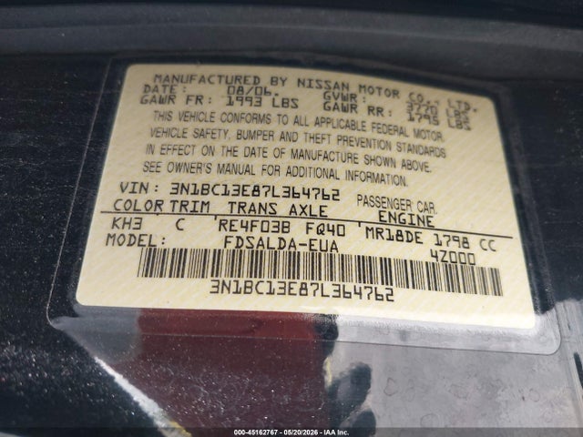 Aukcja sprzedaży 2007 Nissan Versa S/sl, vin: 3N1BC13E87L364762, numer aukcji: 45162767