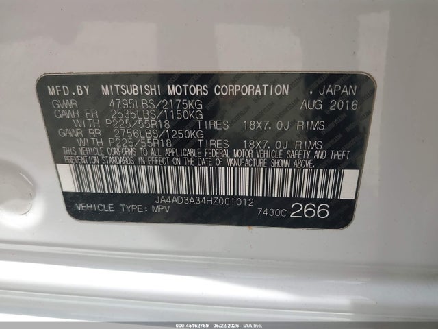 45162769 :رقم المزاد ، JA4AD3A34HZ001012 vin ، 2017 Mitsubishi Outlander Se/sel مزاد بيع