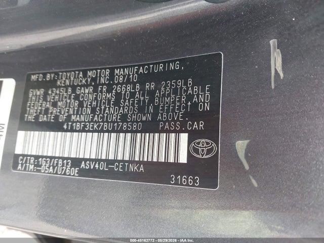 2011 Toyota Camry Le მანქანა იყიდება აუქციონზე, vin: 4T1BF3EK7BU178580, აუქციონის ნომერი: 45162772