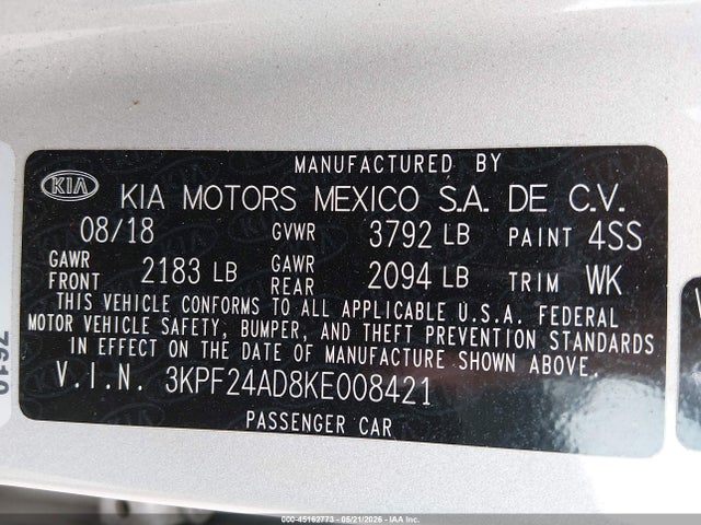 Aukcja sprzedaży 2019 Kia Forte Lxs, vin: 3KPF24AD8KE008421, numer aukcji: 45162773