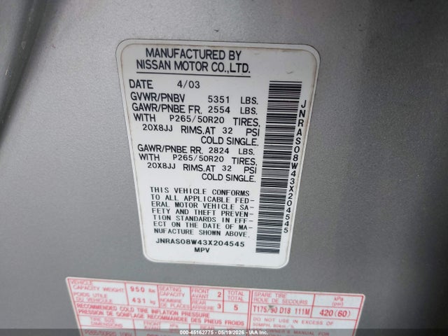45162775 :رقم المزاد ، JNRAS08W43X204545 vin ، 2003 Infiniti Fx35 مزاد بيع