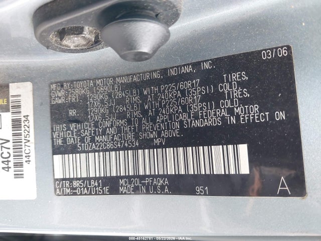 45162781 :رقم المزاد ، 5TDZA22C86S474534 vin ، 2006 Toyota Sienna Xle Limited مزاد بيع