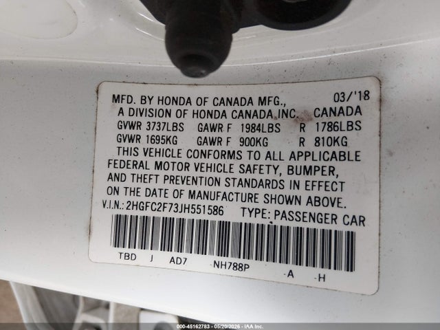 Продаж на аукціоні авто 2018 Honda Civic Ex, vin: 2HGFC2F73JH551586, номер лоту: 45162783