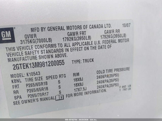 45162784 :رقم المزاد ، 2GTEK13M981200055 vin ، 2008 Gmc Sierra 1500 Slt مزاد بيع