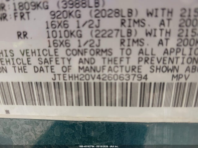 45162794 :رقم المزاد ، JTEHH20V426063794 vin ، 2002 Toyota Rav4 مزاد بيع