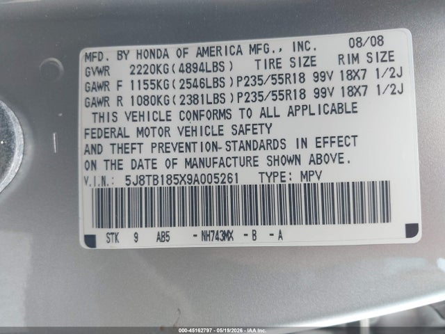 Aukcja sprzedaży 2009 Acura Rdx, vin: 5J8TB185X9A005261, numer aukcji: 45162797