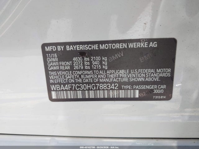 45162799 :رقم المزاد ، WBA4F7C30HG788342 vin ، 2017 Bmw 430i Gran Coupe مزاد بيع