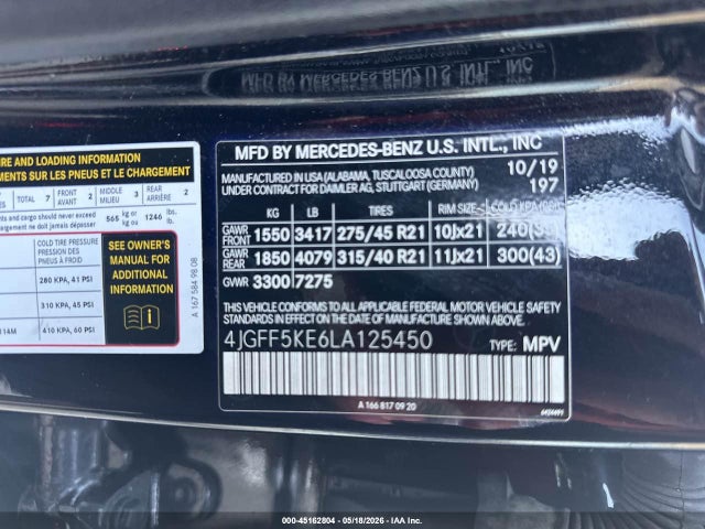 2020 Mercedes-benz Gls 450 4matic მანქანა იყიდება აუქციონზე, vin: 4JGFF5KE6LA125450, აუქციონის ნომერი: 45162804