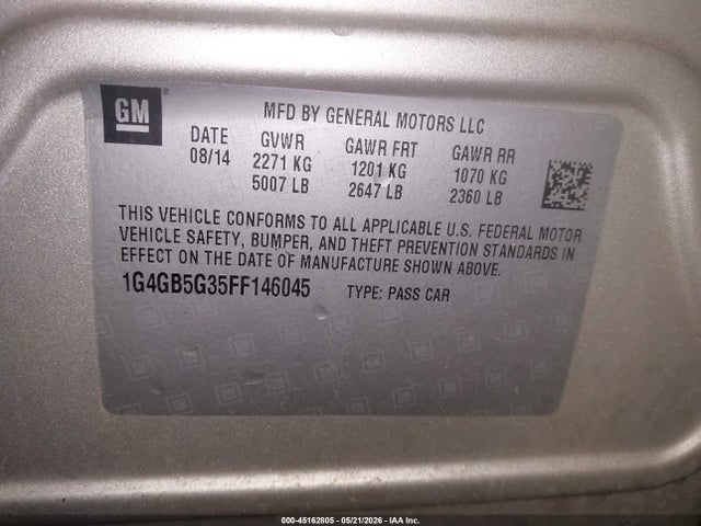 2015 Buick Lacrosse Leather მანქანა იყიდება აუქციონზე, vin: 1G4GB5G35FF146045, აუქციონის ნომერი: 45162805
