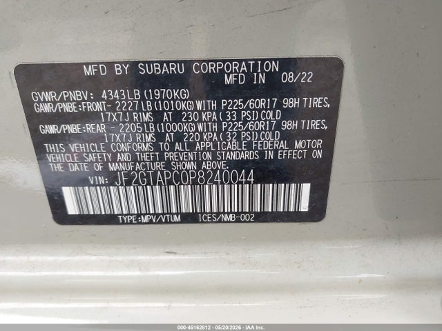 2023 Subaru Crosstrek Premium მანქანა იყიდება აუქციონზე, vin: JF2GTAPC0P8240044, აუქციონის ნომერი: 45162812