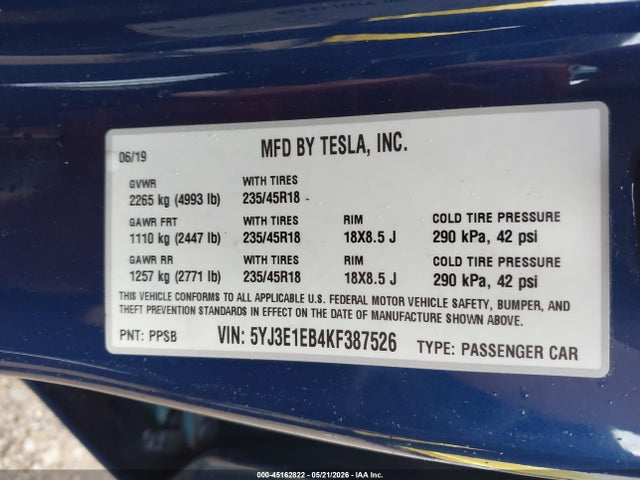 Tesla Model 3 Long Range/performance 2019 5YJ3E1EB4KF387526 Image 9
