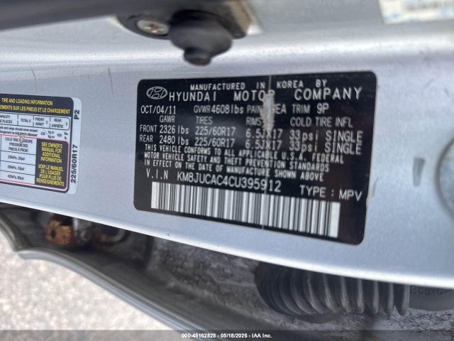 2012 Hyundai Tucson Gls მანქანა იყიდება აუქციონზე, vin: KM8JUCAC4CU395912, აუქციონის ნომერი: 45162825
