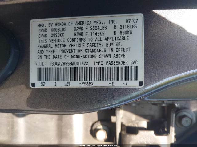 Aukcja sprzedaży 2008 Acura Tl Type S, vin: 19UUA76558A001372, numer aukcji: 45162833
