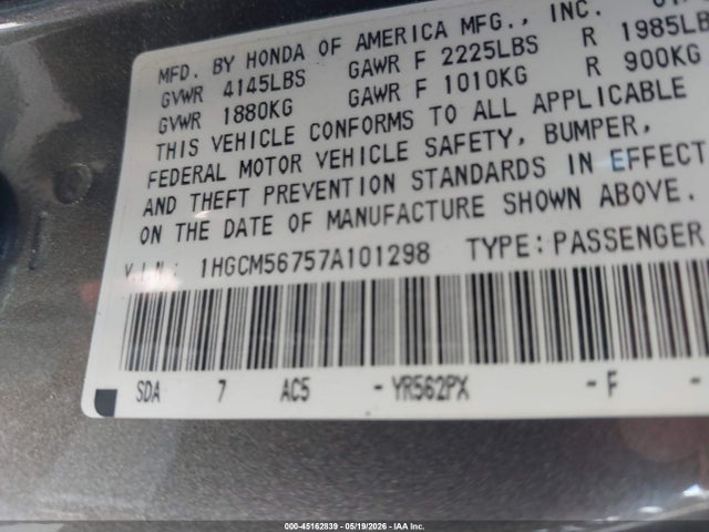 Продажа на аукционе авто 2007 Honda Accord 2.4 Ex, vin: 1HGCM56757A101298, номер лота: 45162839