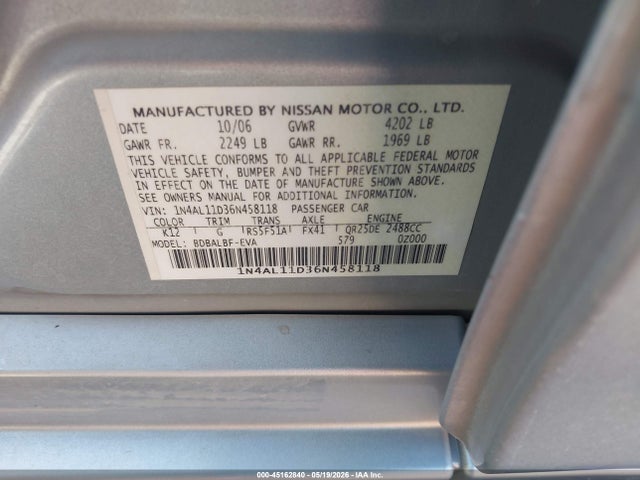 Продаж на аукціоні авто 2006 Nissan Altima 2.5 S, vin: 1N4AL11D36N458118, номер лоту: 45162840