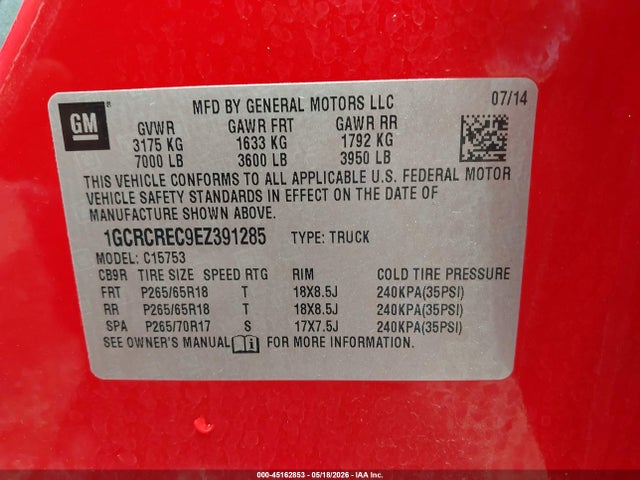 1GCRCREC9EZ391285 Chevrolet Silverado 1500 1lt
