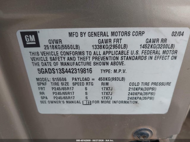 Продаж на аукціоні авто 2004 Buick Rainier Cxl, vin: 5GADS13S442319816, номер лоту: 45162859