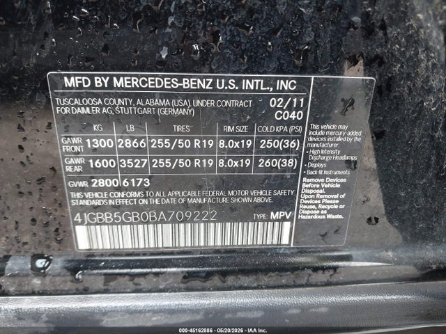 2011 Mercedes-benz Ml 350 მანქანა იყიდება აუქციონზე, vin: 4JGBB5GB0BA709222, აუქციონის ნომერი: 45162886