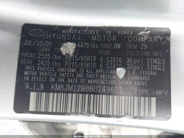 45162895 :رقم المزاد ، KM8JM12B86U249611 vin ، 2006 Hyundai Tucson Gl مزاد بيع