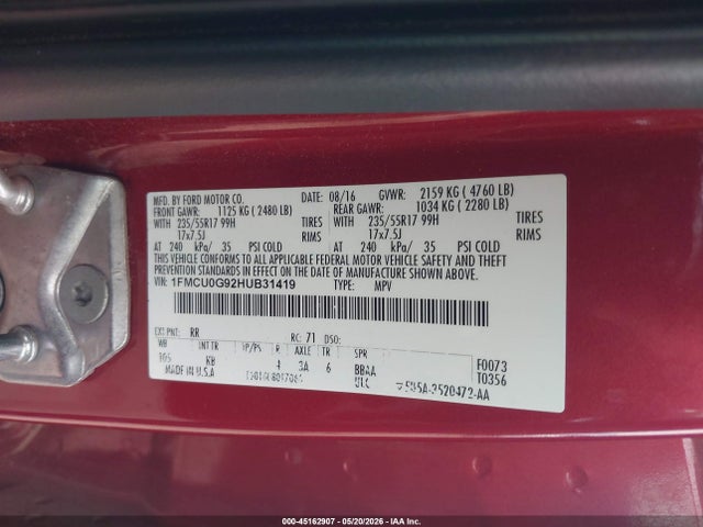 Продажа на аукционе авто 2017 Ford Escape Se, vin: 1FMCU0G92HUB31419, номер лота: 45162907