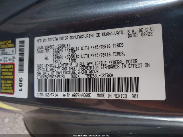 2022 Toyota Tacoma Sr მანქანა იყიდება აუქციონზე, vin: 3TYRX5GN9NT049725, აუქციონის ნომერი: 45162925