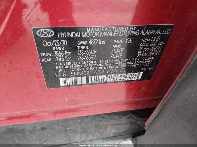 2020 Hyundai Santa Fe Se მანქანა იყიდება აუქციონზე, vin: 5NMS2CAD9LH297036, აუქციონის ნომერი: 45162929