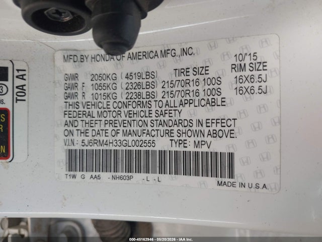Продажа на аукционе авто 2016 Honda Cr-v Lx, vin: 5J6RM4H33GL002555, номер лота: 45162946