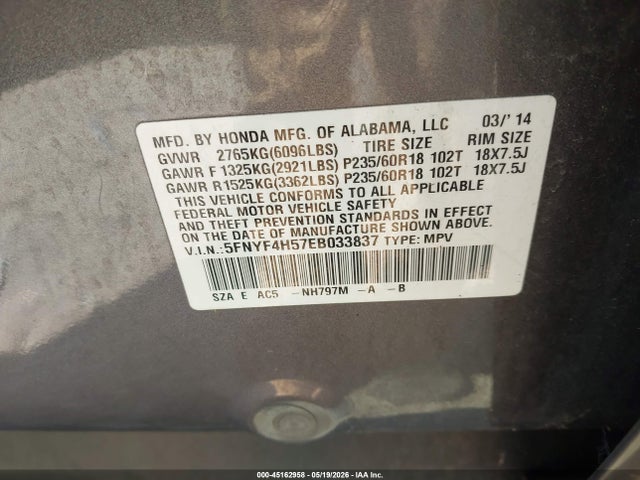 Продажа на аукционе авто 2014 Honda Pilot Ex-l, vin: 5FNYF4H57EB033837, номер лота: 45162958