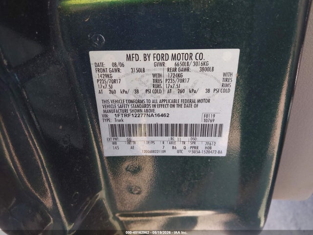 45162962 :رقم المزاد ، 1FTRF12277NA16462 vin ، 2007 Ford F-150 Stx/xl/xlt مزاد بيع