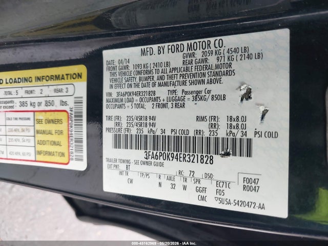 2014 Ford Fusion Titanium მანქანა იყიდება აუქციონზე, vin: 3FA6P0K94ER321828, აუქციონის ნომერი: 45162969