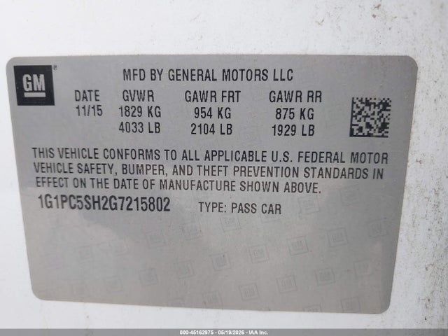 Продажа на аукционе авто 2016 Chevrolet Cruze Limited Ls Auto, vin: 1G1PC5SH2G7215802, номер лота: 45162975