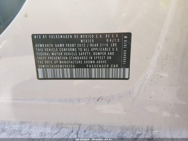 45162979 :رقم المزاد ، 3VW2K7AJ6DM290358 vin ، 2013 Volkswagen Jetta 2.0l S مزاد بيع