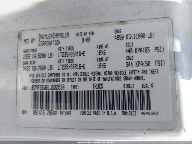 45162984 :رقم المزاد ، 1B7MF33W61J532530 vin ، 2001 Dodge Ram 3500 St مزاد بيع