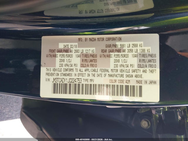 45163000 :رقم المزاد ، JM3TCADY1J0224753 vin ، 2018 Mazda Cx-9 Grand Touring مزاد بيع