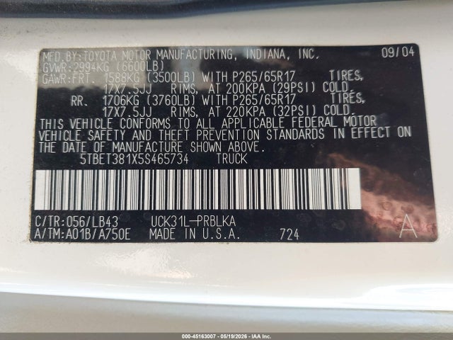 45163007 :رقم المزاد ، 5TBET381X5S465734 vin ، 2005 Toyota Tundra Limited V8 مزاد بيع