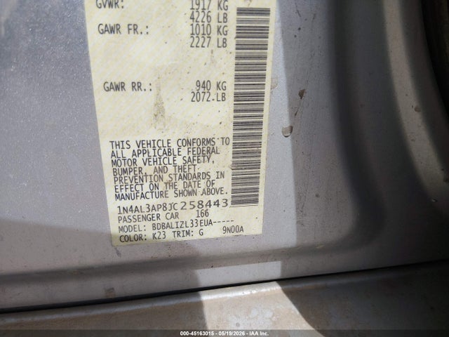 45163015 :رقم المزاد ، 1N4AL3AP8JC258443 vin ، 2018 Nissan Altima 2.5 Sv مزاد بيع